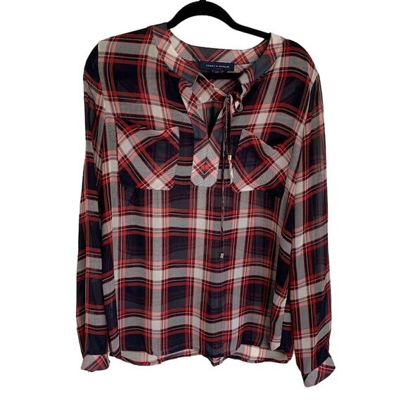Tommy Hilfiger Tie Neck Button Up Shirt Women's L Red Plaid Long Sleeve Pockets - Picture 1 of 9